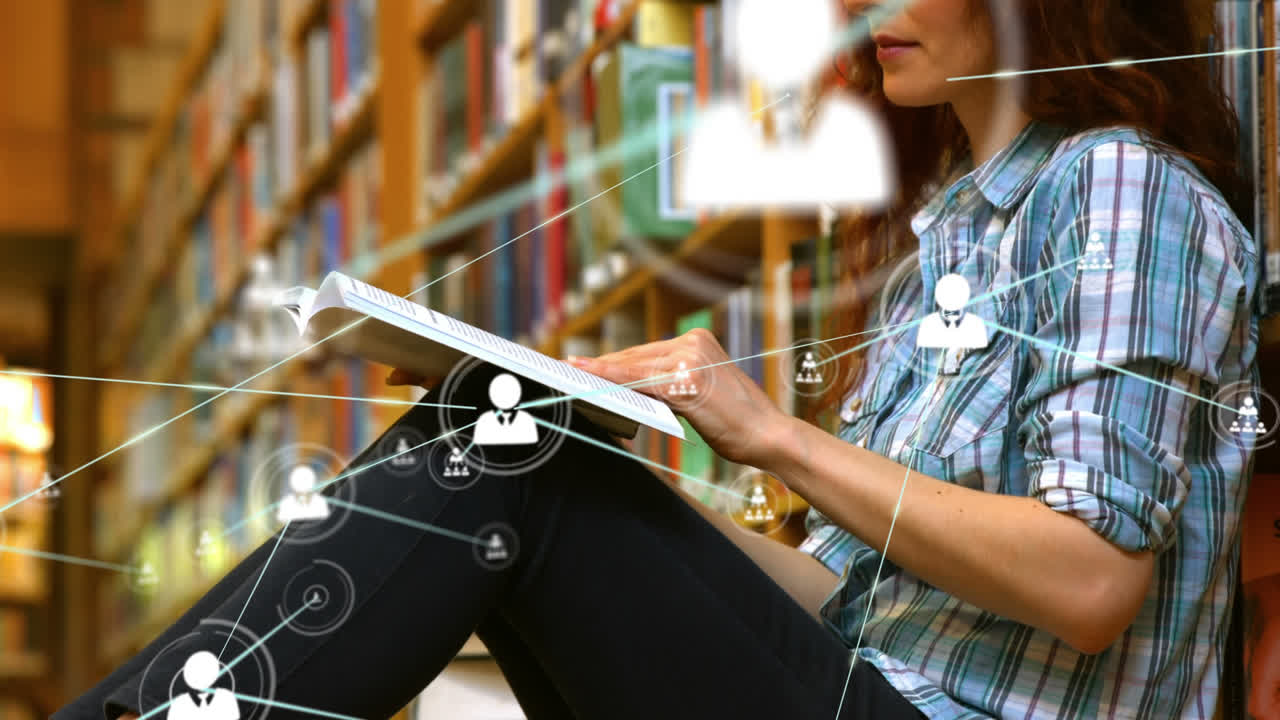 animación de la red de conexiones sobre una estudiante que lee un libro aprendiendo desde casa