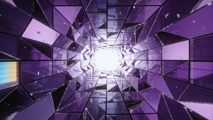 Moving camera through crystalline tunnel toward white core to reveal faceted panels, particles