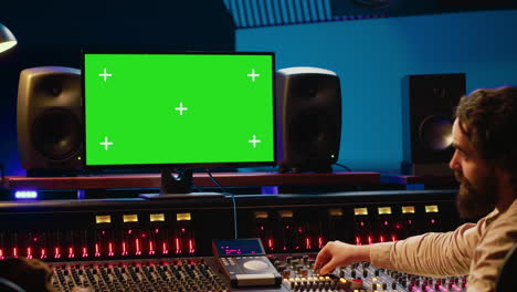 equipo de ingeniero musical y artista grabando pistas en pantalla verde