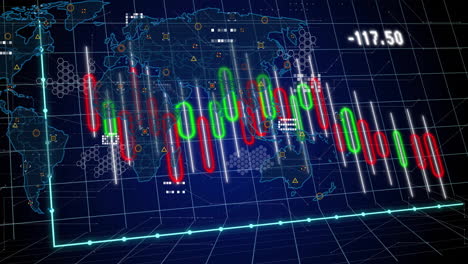 stock market data animation over world map with fluctuating graphs and numbers