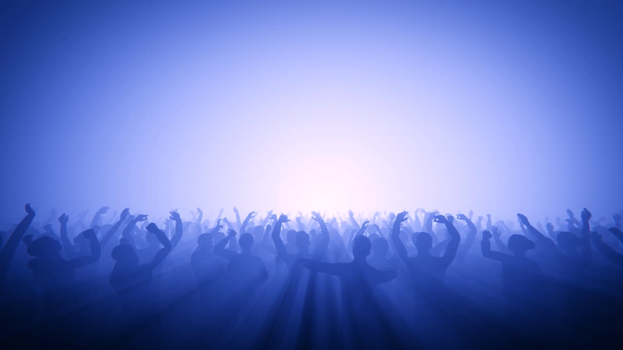 Energetic Crowd Silhouettes Cheering with Hands Raised in Blue Light