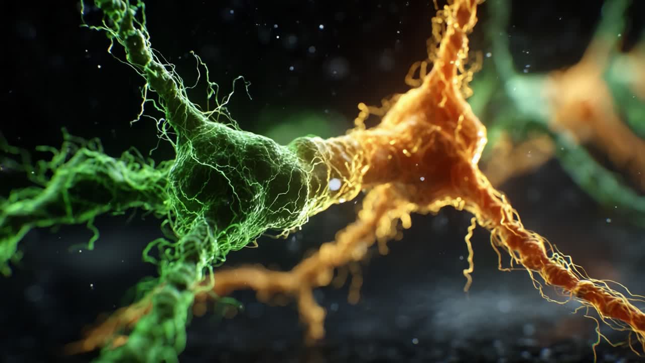 Eine beeindruckende Visualisierung von Neuronen: Das komplexe Zusammenspiel grüner und orangefarbener Synapsen, festgehalten in einer hochauflösenden Makroaufnahme, die neuronale Verbindungen hervorhebt.