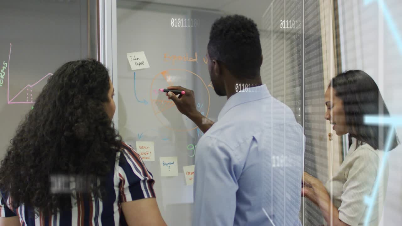 Man sketching on office glass planning, right woman on phone adding notes, blue overlay reflecting