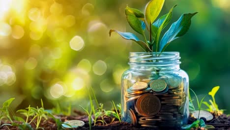 a glass jar filled with coins and a plant growing out of it