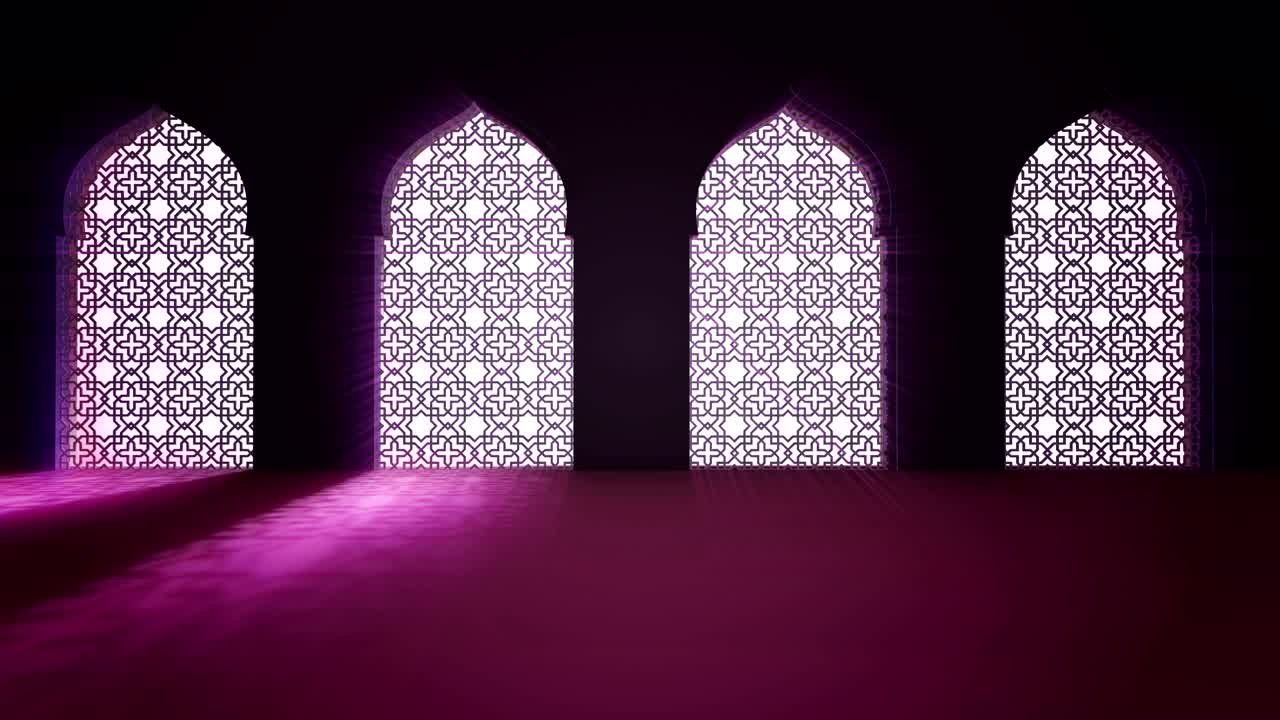 이슬람 내부 모스크 창문 또는 문, 안으로 들어오는 광선 어리, 라마단 카림 이슬람 운동 배경, 3d 애니메이션.
