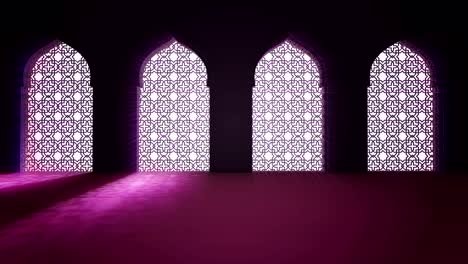 ventana o puerta de la mezquita interior islámica con un haz de luz de rayo entrando en el interior. ramadan kareem fondo de movimiento islámico. animación 3d.