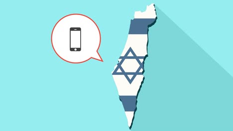 animation of a long shadow israel map with its flag and a comic balloon with smartphone