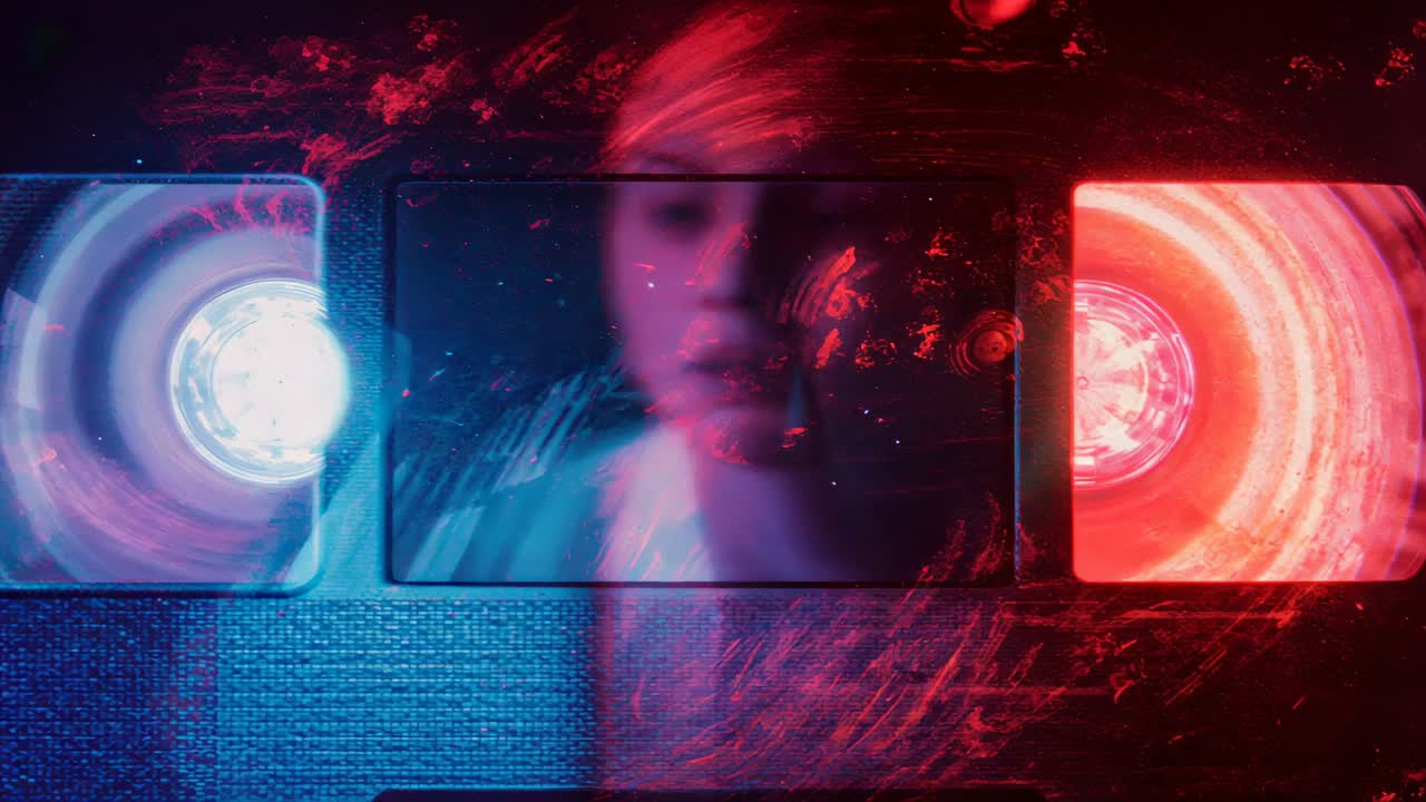 Sweeping red streak revealing reflected woman opening lips in studio, with glowing spools