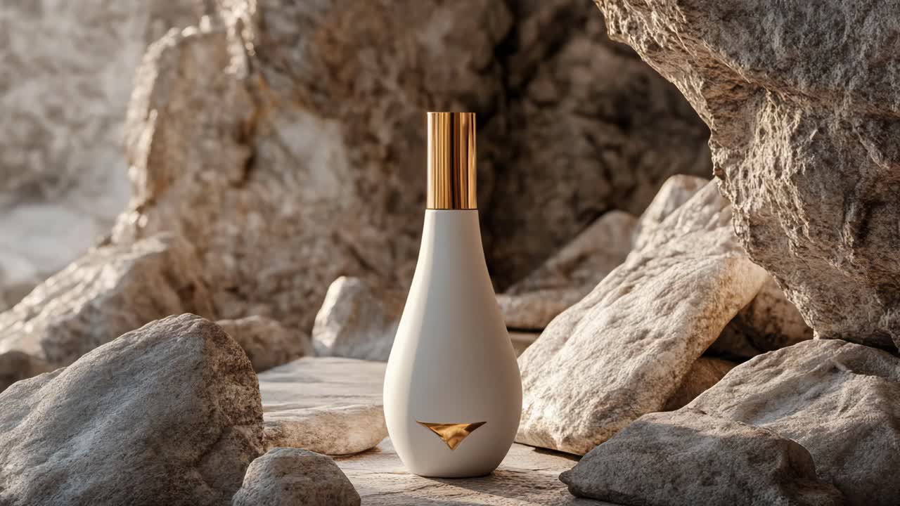 Elegant White Perfume Bottle on Rocks