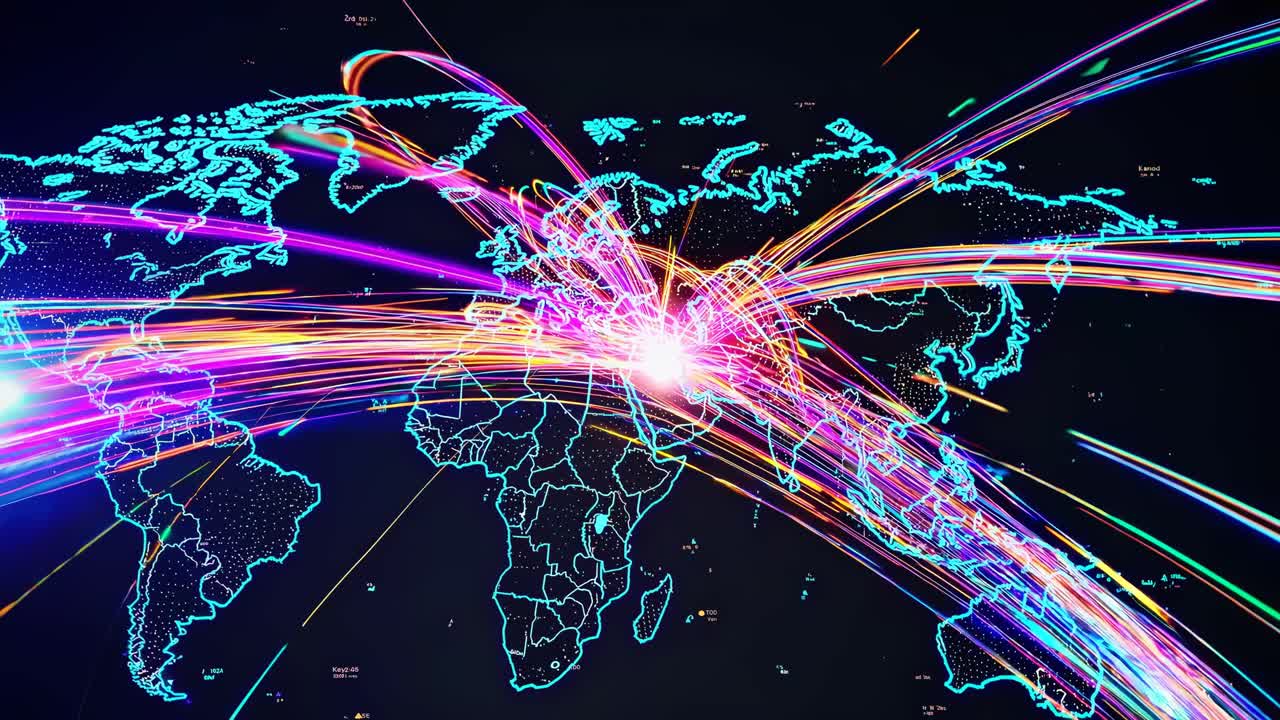 Aerial view of a digital world map with glowing lines connecting continents, symbolizing global