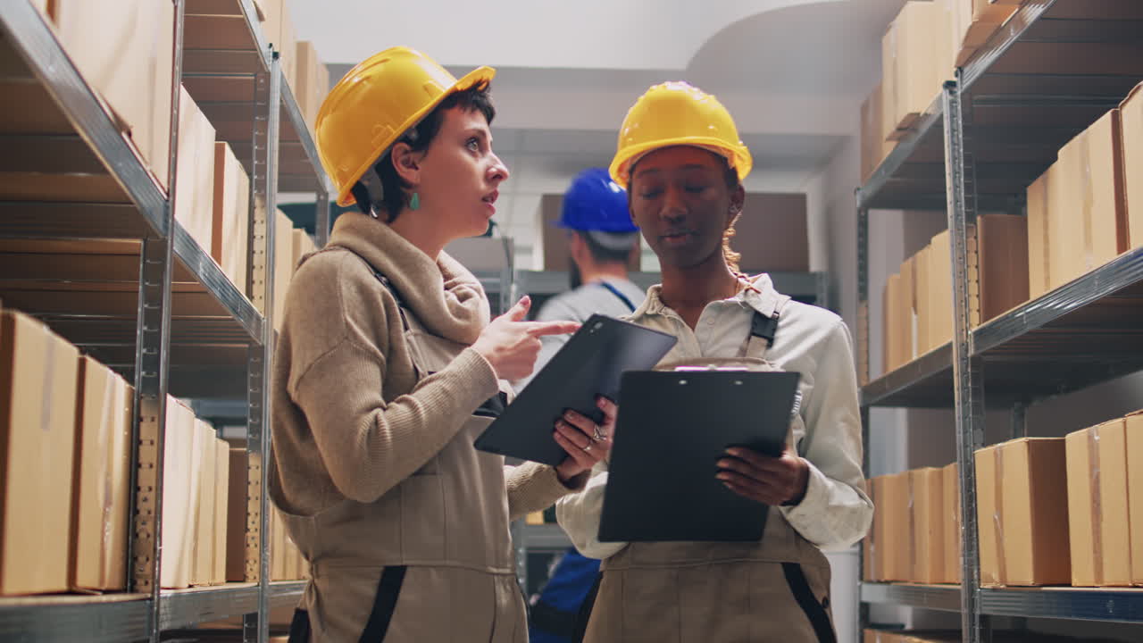 Warehouse workers inspecting inventory in storage