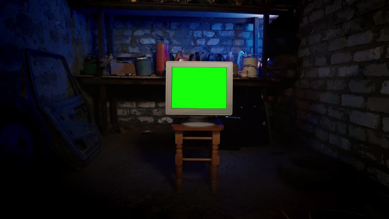 vieja computadora de los años 2000 en el garaje. técnica vintage retro. fondo verde