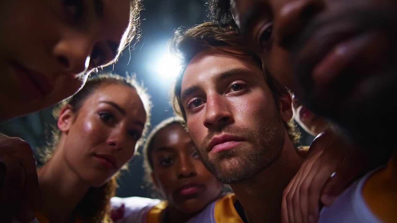 Un ritratto di gruppo dinamico di diversi atleti che mostrano spirito di squadra e determinazione in un drammatico primo piano con espressioni facciali intense