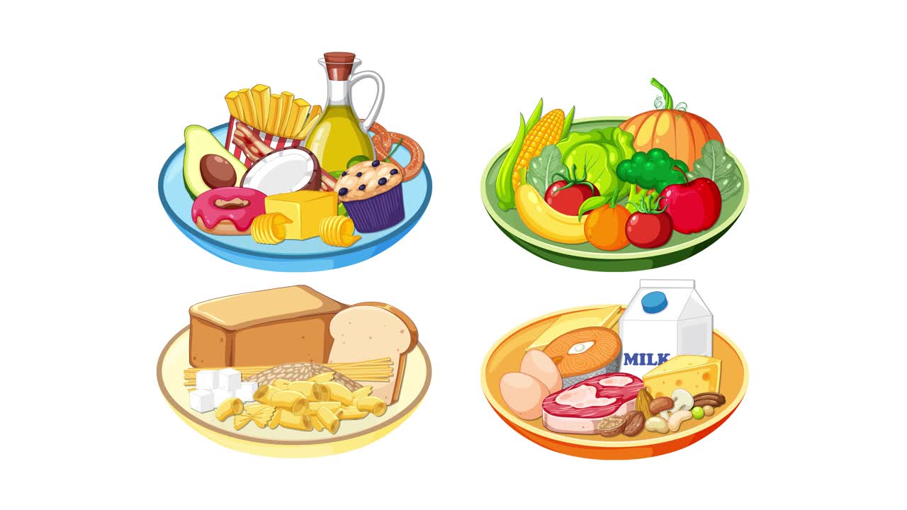 Colorful food groups assemble onto plates in smooth transitions, viewed from overhead, bright lighting