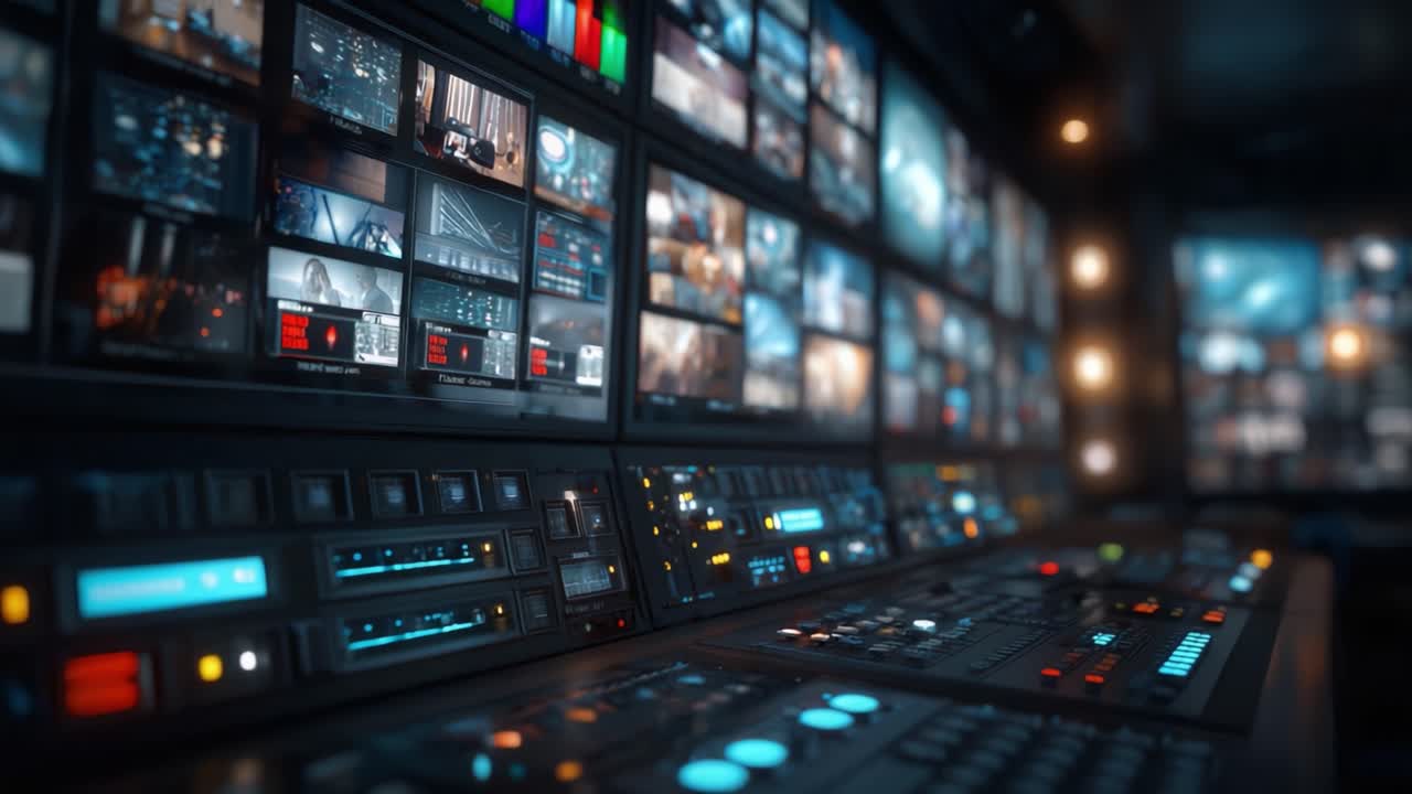Et højteknologisk videokontrolrum med topmoderne udstyr og skærme, der viser forskellige optagelser under produktion eller udsendelse