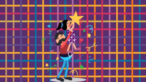 animation of illustration of happy father lifting daughter to put star on christmas tree