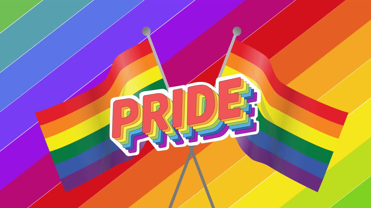 animación del texto de orgullo sobre las banderas arco iris y el fondo arco iris.