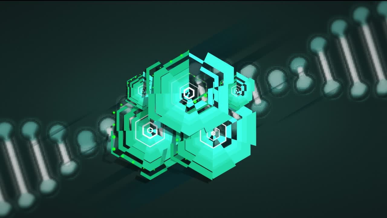 Animation of green shapes over dna strand on black background