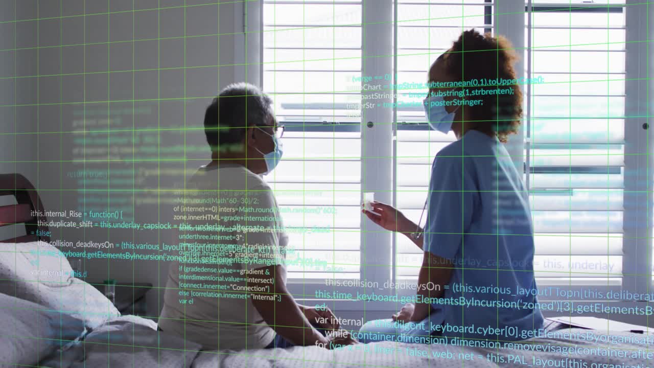 Caregiver explaining dosage using pill bottle while patient grabbing bottle as grid intensifying