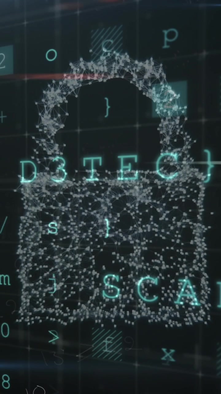 Animation of security padlock icon, mathematical equations and cyber security data processing