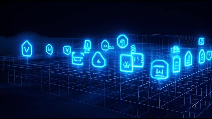 Glowing Digital Icons Appearing on a Blue Wireframe Grid