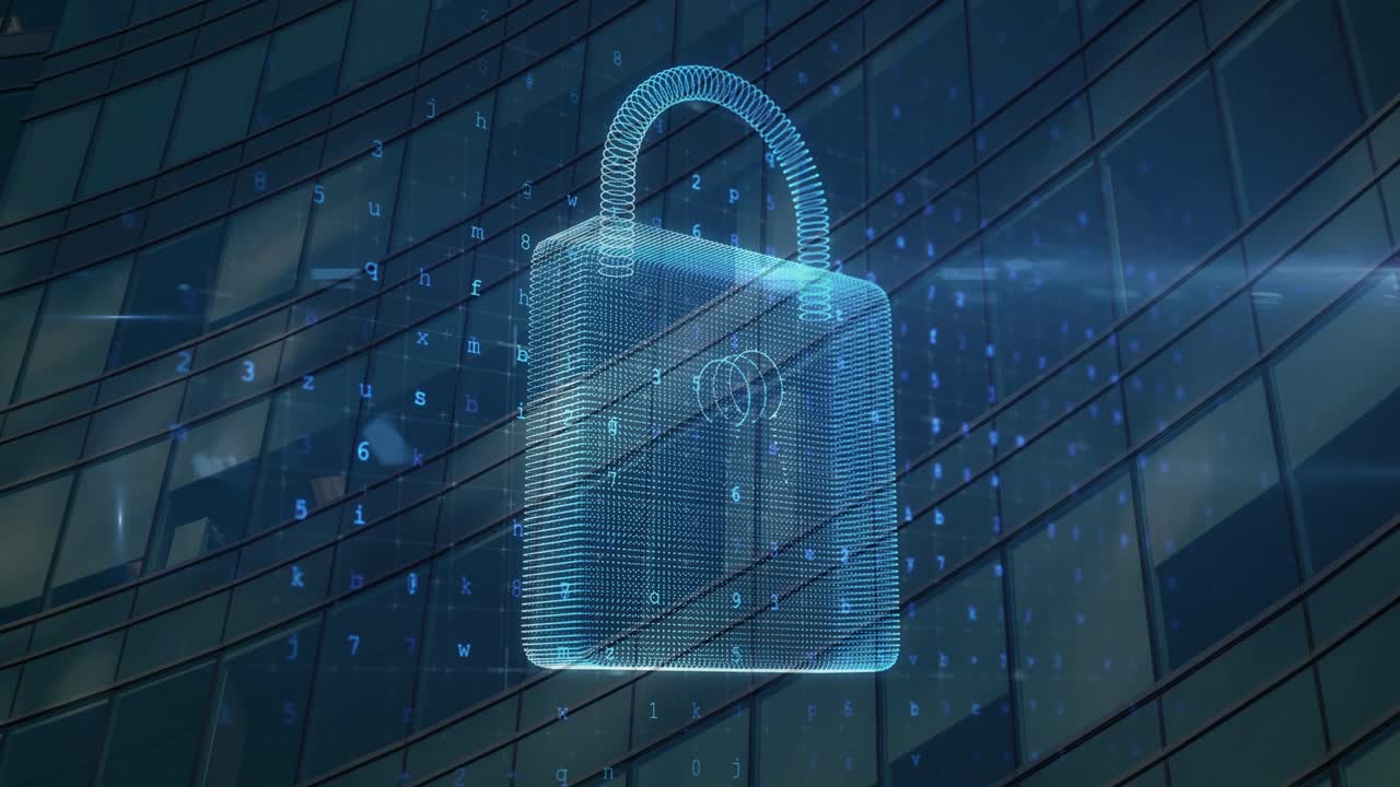 Animation of security padlock over cityscape