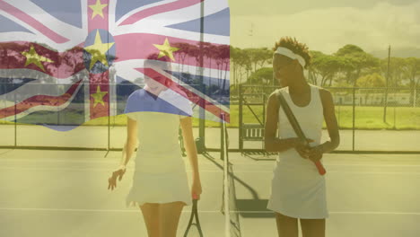 two women practicing tennis on sunlit court, displaying animated health icons and data graphs