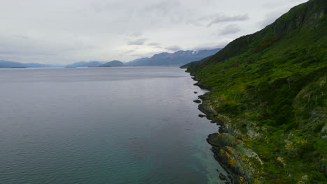 Video-De-Drones-Volando-En-La-Costa-De-Ushuaia-Patagonia-Argentina-Por-El-Canal-Beagle-Con-árboles,-Montañas-Océano-En-El-Fondo