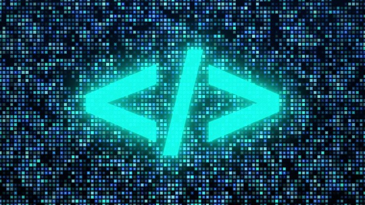 Glowing Code Symbol on Digital Pixel Background