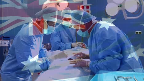 Animation-of-flag-of-australia-over-diverse-doctors-during-surgery