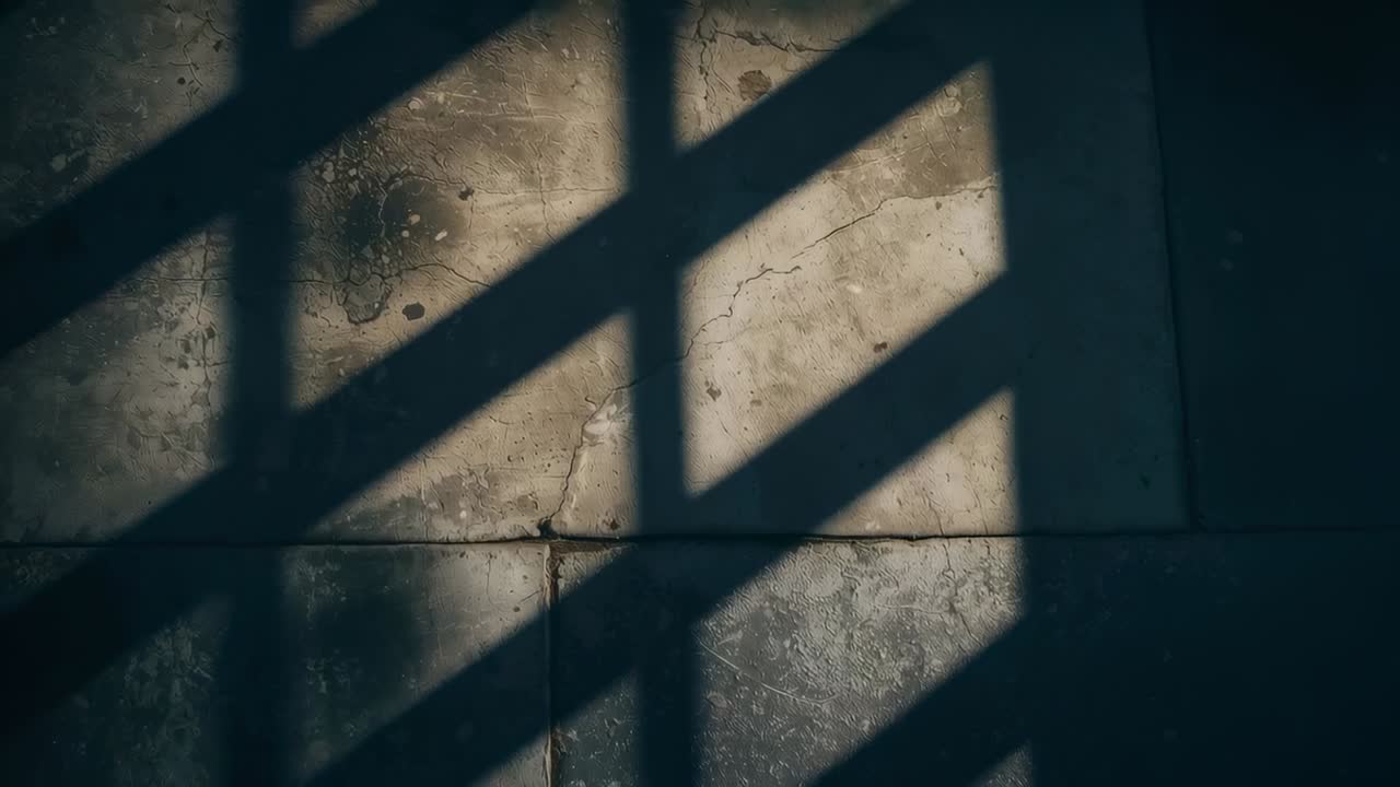 Shifting grid shadow crossing worn stone tiles near window, leaf shadow, sun angle changing