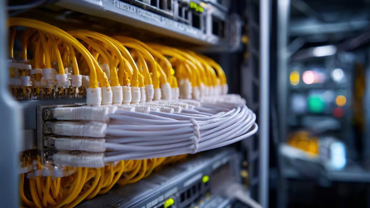 Network Infrastructure with Cables: A Close-Up View of Organized Fiber and Ethernet Connections in a Modern Data Center Environment