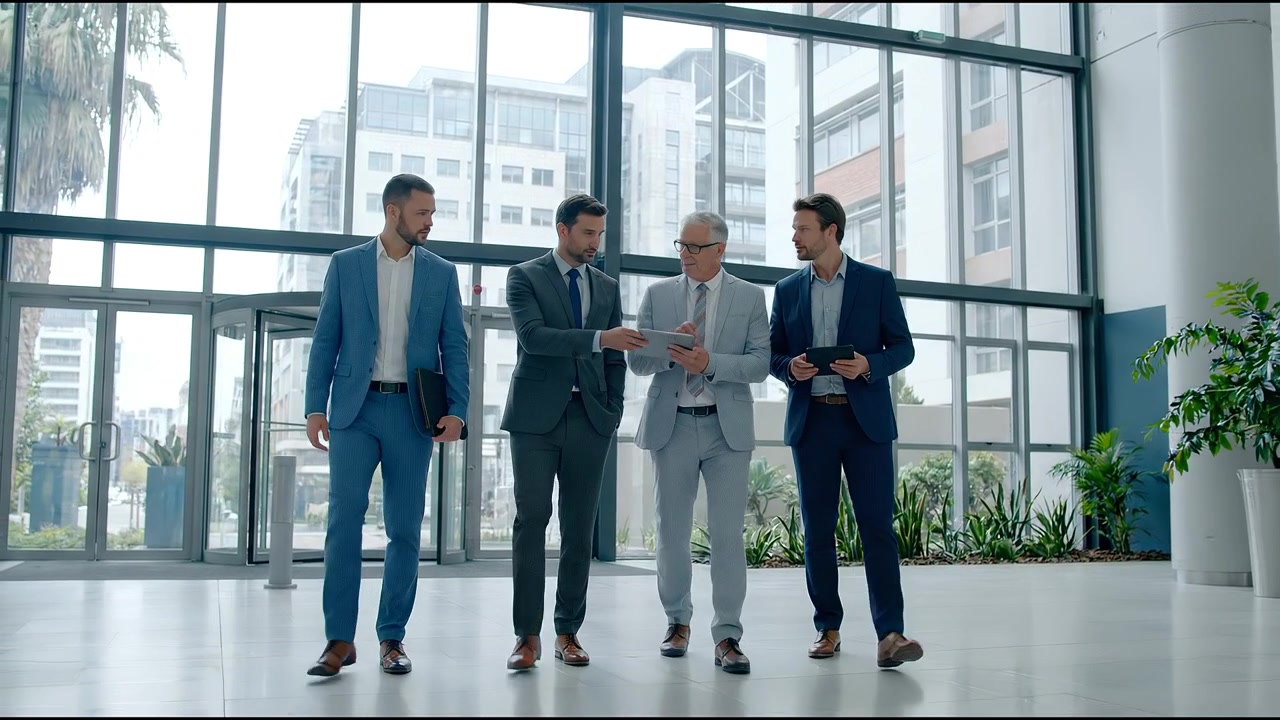 Group of four businesspeople walking in office lobby, discussing work, holding tablets and briefcases, modern corporate environment