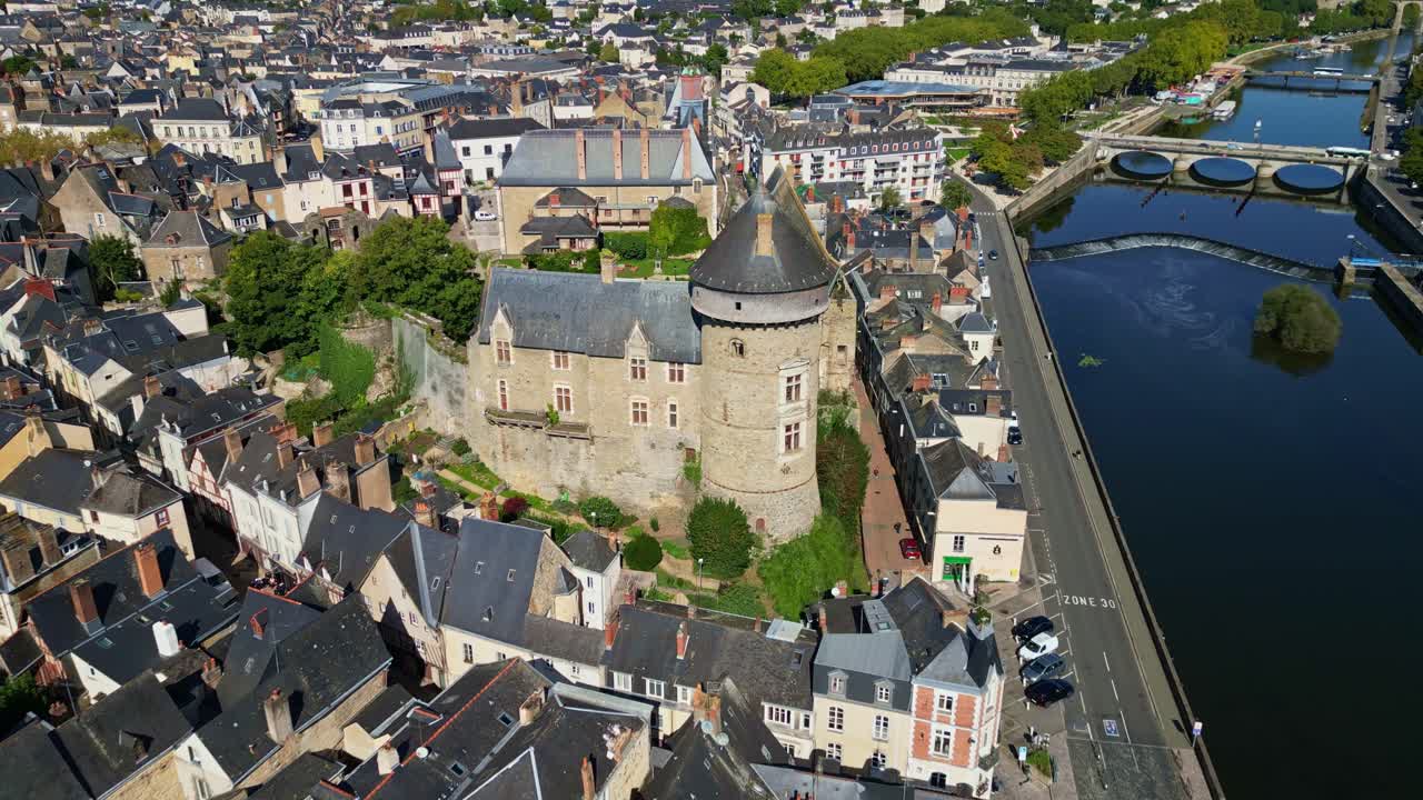 Southern Laval ramparts with both Chateau Laval and Chateau Neuf in clear view, high angle panoramic aerial