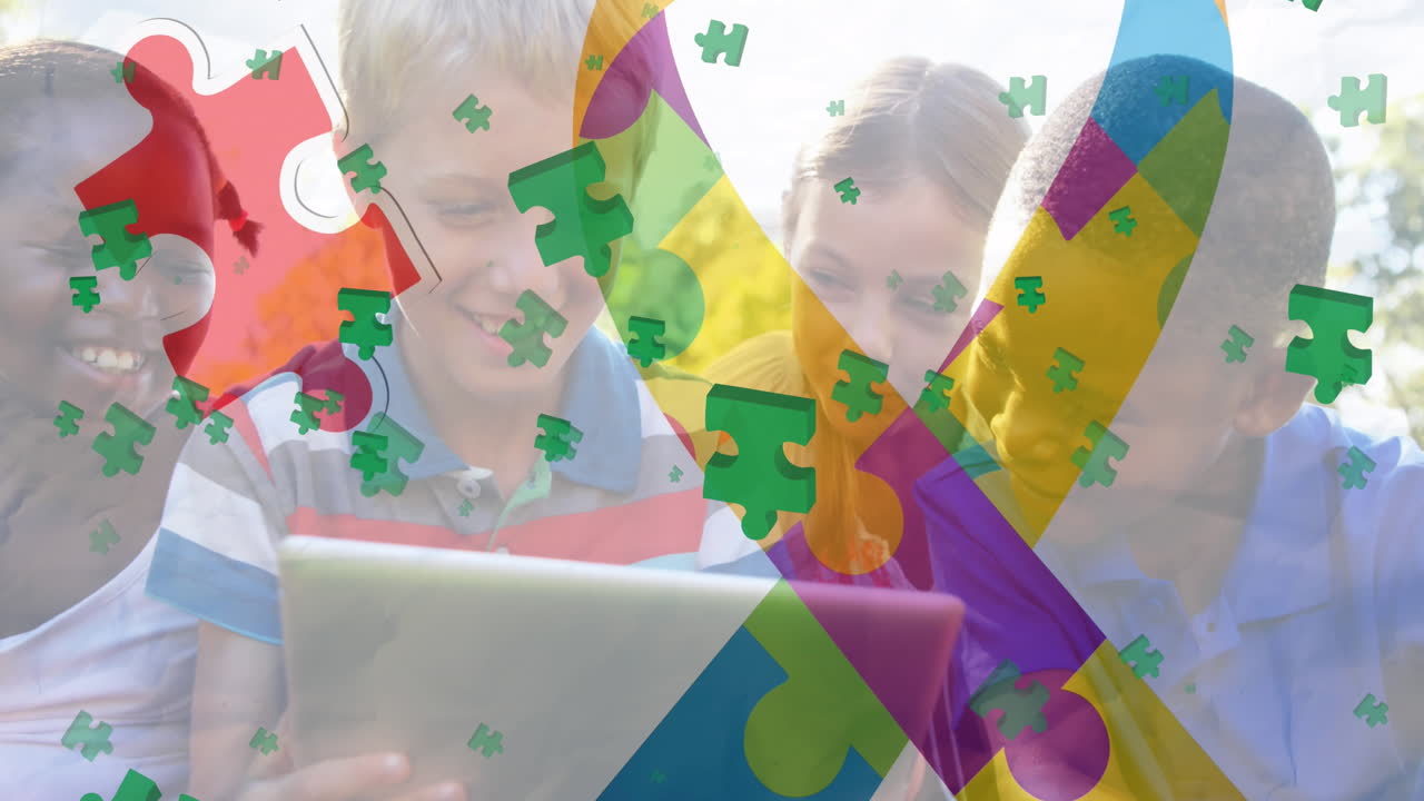 다채로운 퍼즐 조각의 애니메이션과 다양한 어린이 그룹에 대한 리본