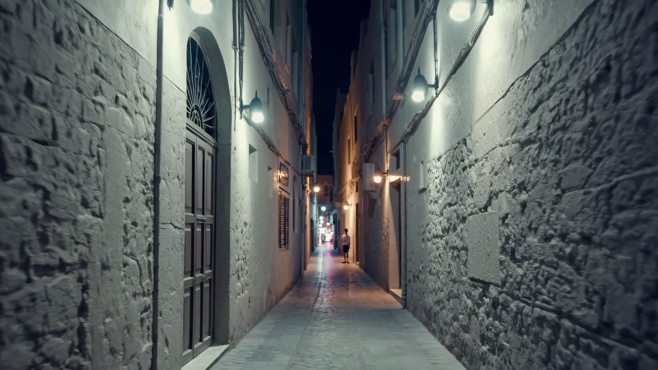 Warm glowing lights revealing narrow alleyway in Old Dubai's historic district, highlighting traditional architecture and nighttime ambiance with solitary tourist exploring surroundings