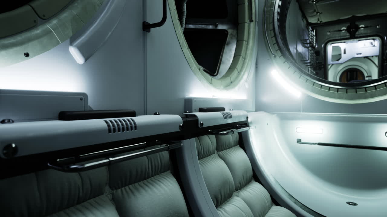 Interior view of a futuristic spacecraft showing sleek design and technology