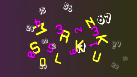 animación digital de múltiples números y alfabetos flotando contra un fondo púrpura