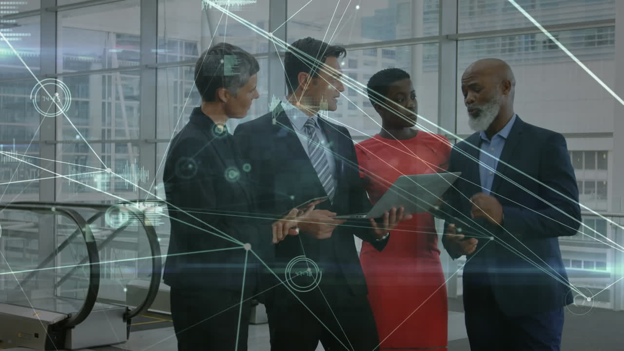 Animation of network of connection over business people in the office