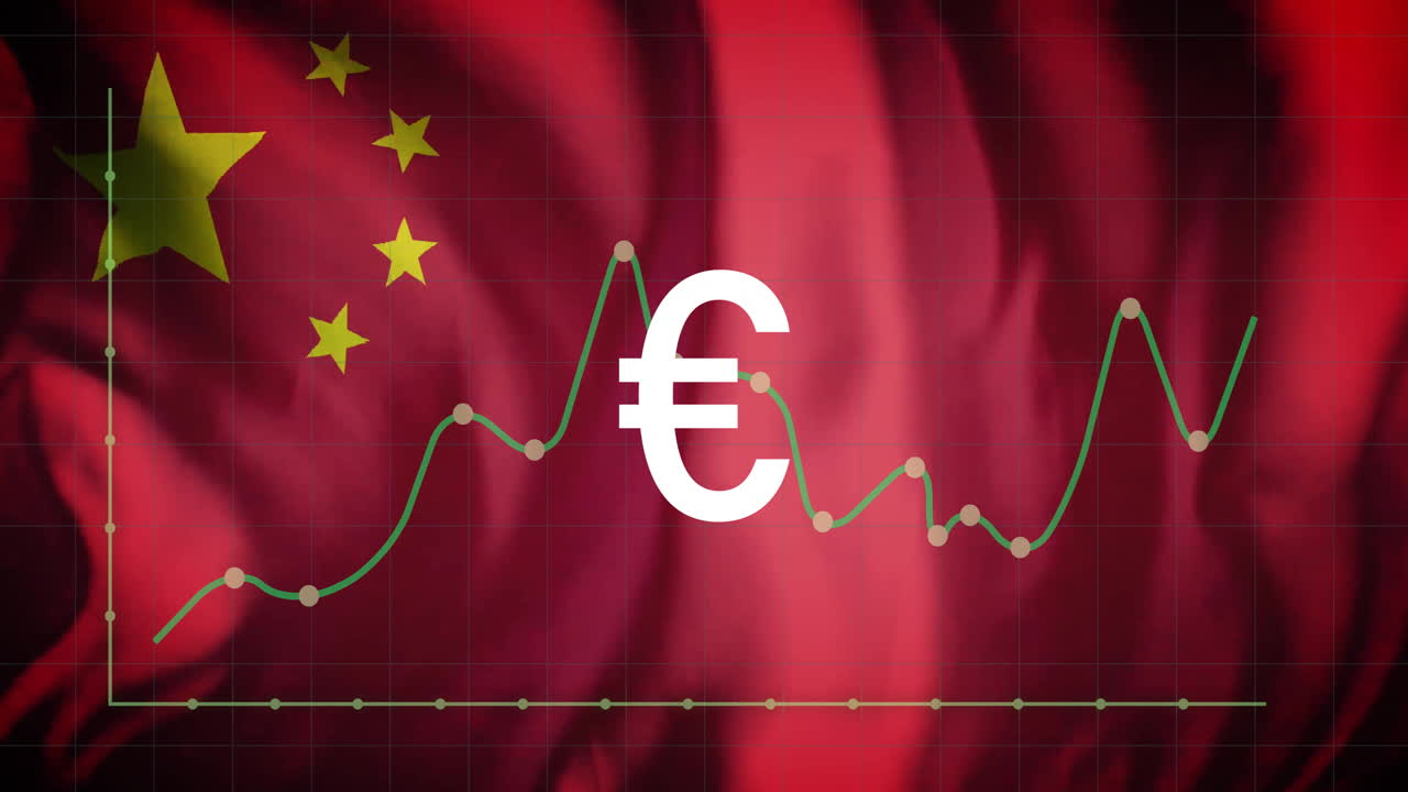 Animation of euro currency sign and financial data processing over flag of china