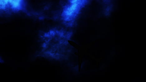 blue lightning illuminating jumbo jet plane silhouette as it flies through storm - 3d animation 4k