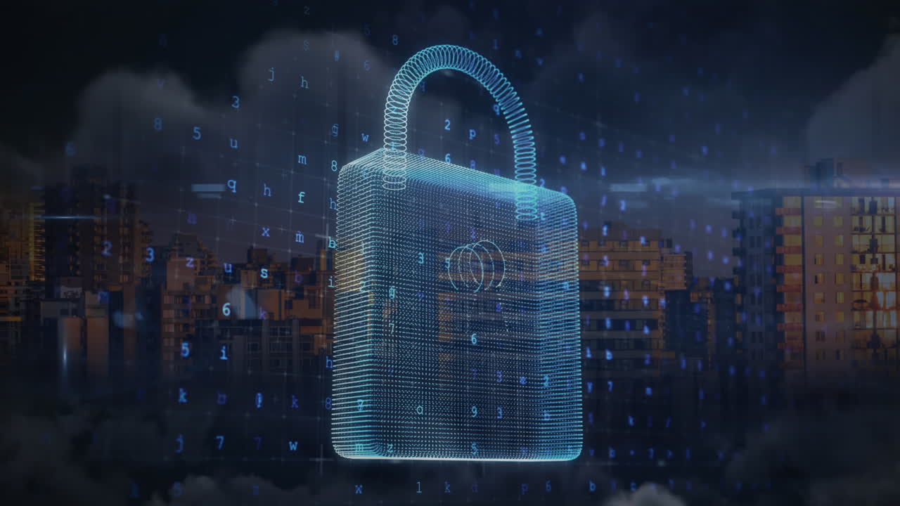 Animation of online security padlock and data processing over cityscape