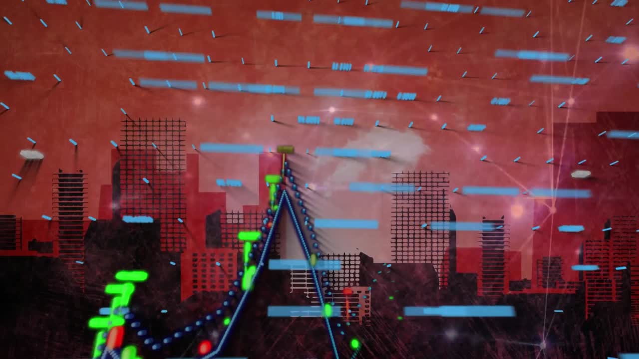 도시 풍경 위의 금융 및 비즈니스 데이터 처리의 애니메이션