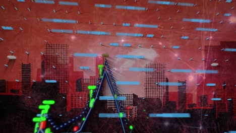 animation of financial and business data processing over cityscape