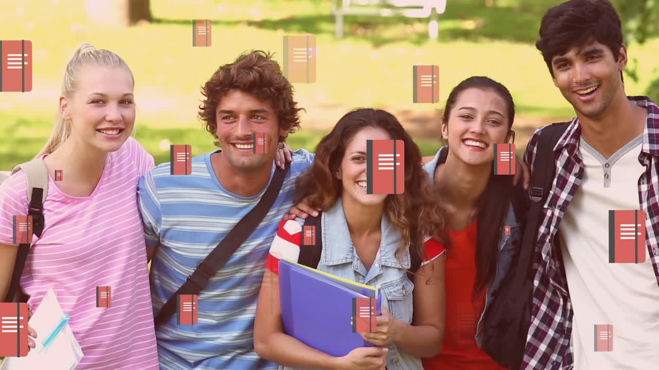 animación de la caída de los iconos de los cuadernos sobre diversos estudiantes afuera