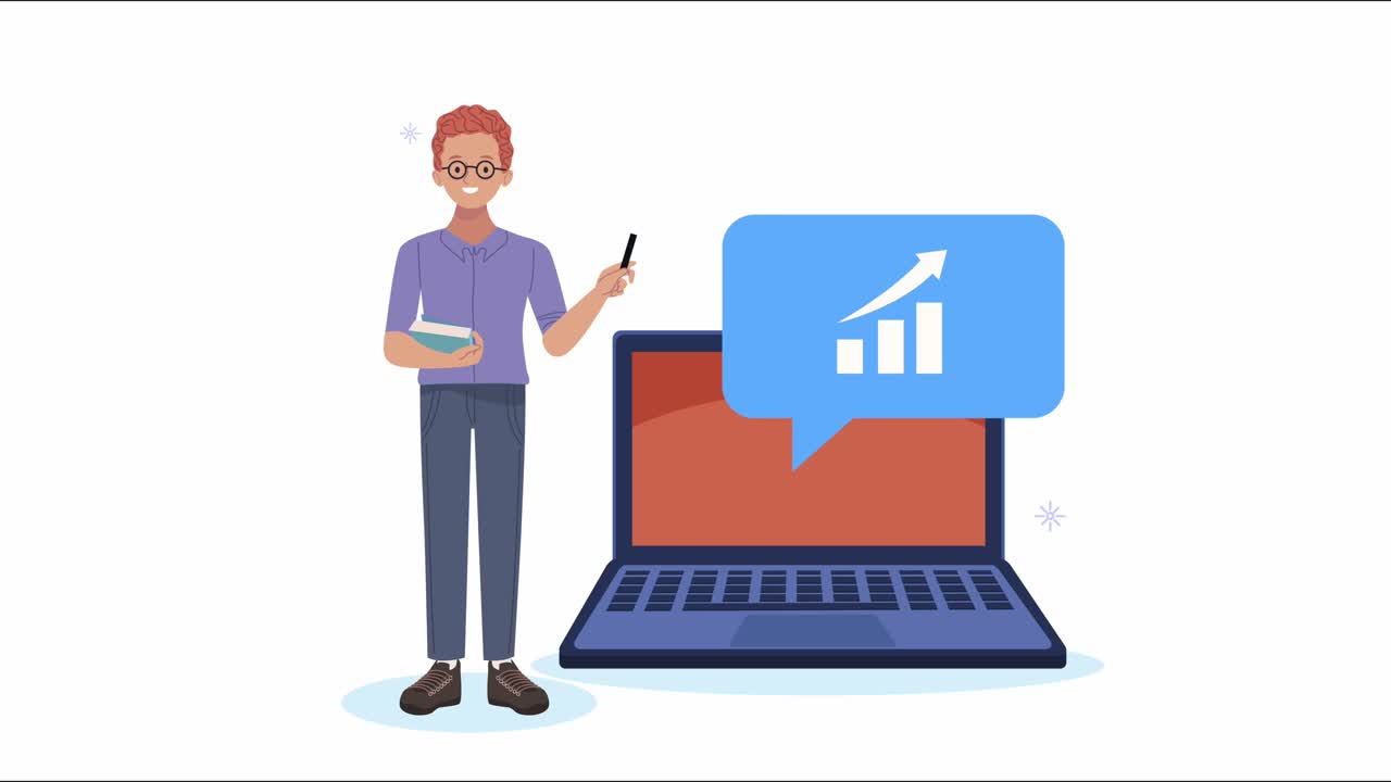 young man with laptop and speech bubble animation