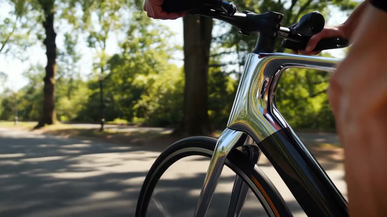 Close perspective captures bicycle moving along shaded park roadway with polished frame details, rotating wheels, natural greenery, soft sunlight, and calm outdoor composition during forward travel.