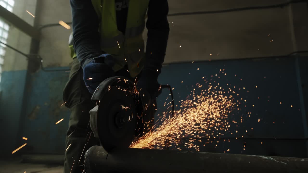 primer plano de un trabajador de la construcción cortando acero con una sierra circular, los pies de los trabajadores de la construcción, chispas voladoras de una sierra central en cámara lenta