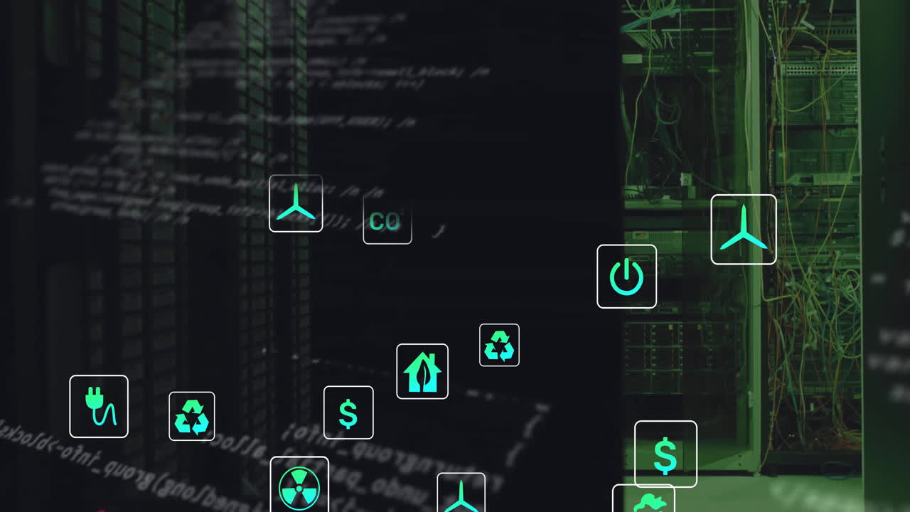 animación de iconos ecológicos y procesamiento de datos a través de servidores informáticos.