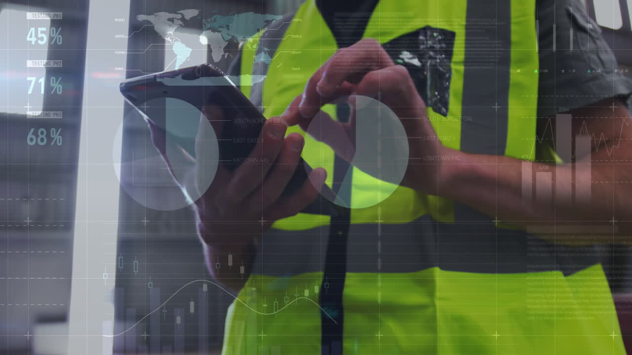 Animation of infographic interface over midsection of biracial male worker using digital tablet